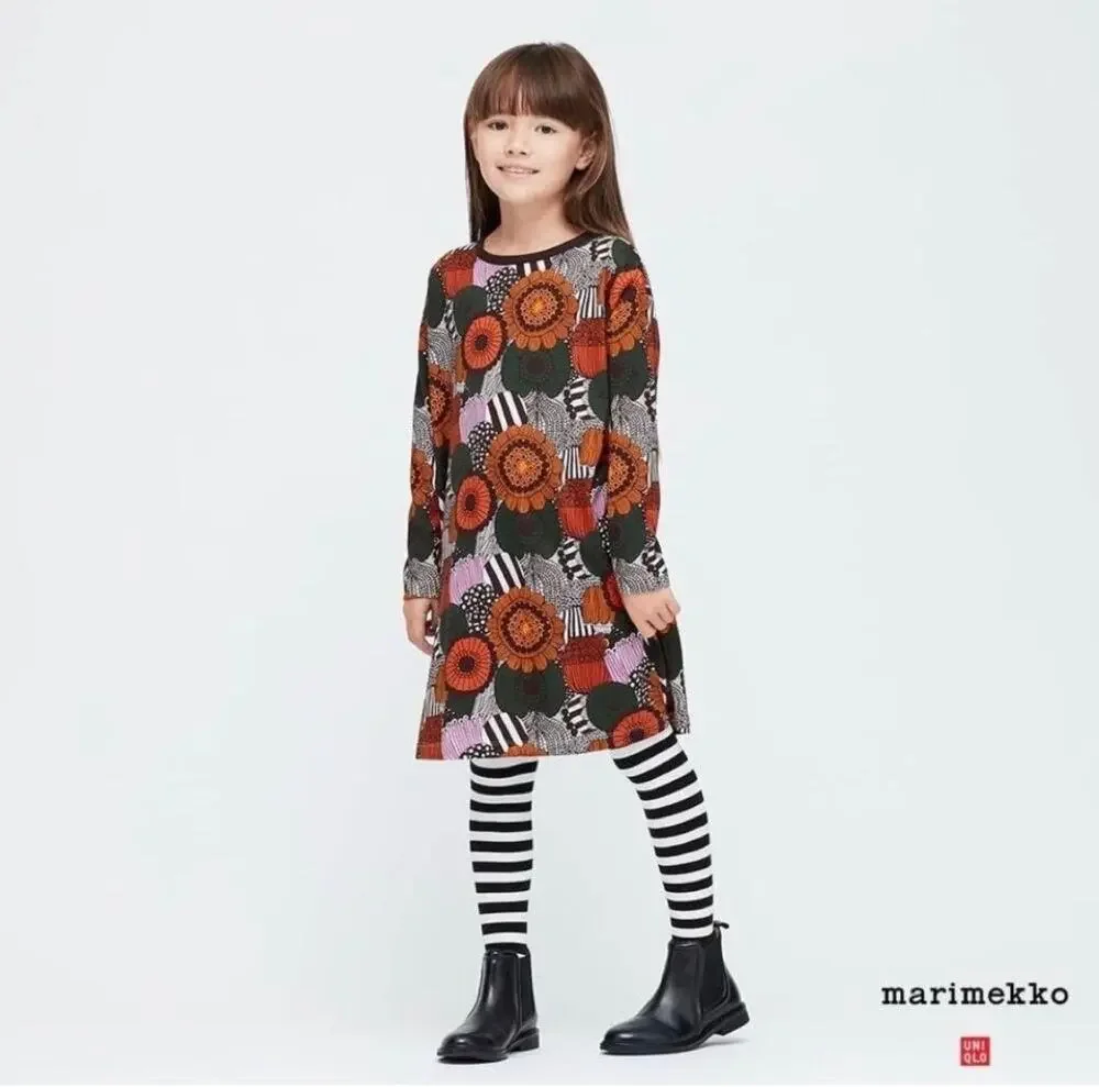 Uniqlo x Marimekko Girls Print Dress Long Sleeve black Orange Pink Gray